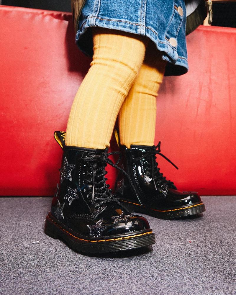 Dr Martens Toddler 1460 Glitter Star Lak Veterlaarzen Kinderen Zwart | NL 12QMA